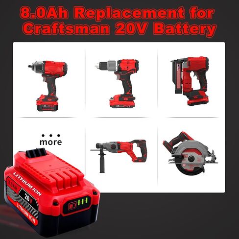 Upgrade 2-Pack 20V 8.0Ah Replacement for Craftsman 20V Battery V20 Lithium ion Batteries Compatible with CMCB205 CMCB204 CMCB206 CMCB202 CMCB201 20V Cordless Power Tools in Kuwait