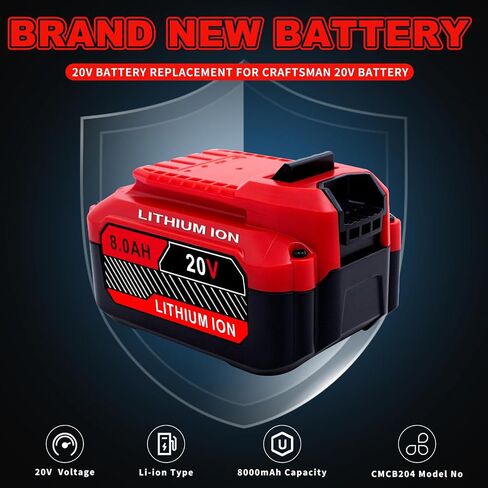 Upgrade 2-Pack 20V 8.0Ah Replacement for Craftsman 20V Battery V20 Lithium ion Batteries Compatible with CMCB205 CMCB204 CMCB206 CMCB202 CMCB201 20V Cordless Power Tools in Kuwait
