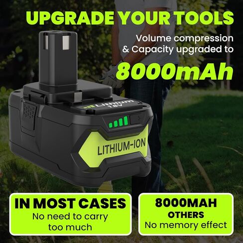 2 Pack Upgrade 8000mAh High Capacity P108 Replacement for Ryobi 18V Battery | Lithium ion Compatible with Ryobi 18 Volt Battery P102 P103 P104 P105 P107 P108 P109 P122 Cordless Tool Batteries (Green) in Kuwait