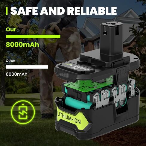 2 Pack Upgrade 8000mAh High Capacity P108 Replacement for Ryobi 18V Battery | Lithium ion Compatible with Ryobi 18 Volt Battery P102 P103 P104 P105 P107 P108 P109 P122 Cordless Tool Batteries (Green) in Kuwait