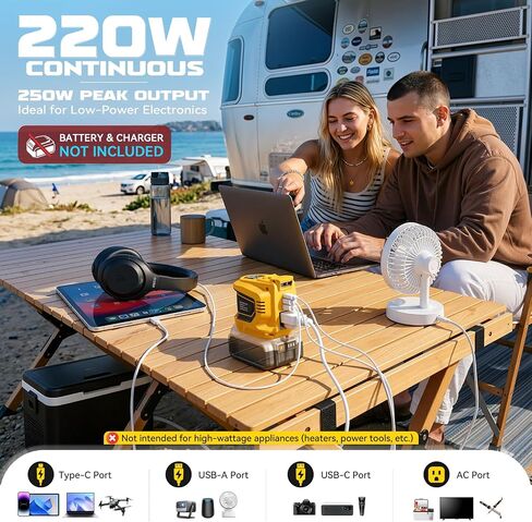 Ecarke 220W Portable Power Inverter Compatible with DeWALT 20V Battery (Tool Only), DC 20V to AC 110V Power Station with 1 AC Outlet, 2 USB-A, 1 Type-C & LED Light for Camping Outdoor Emergency in Kuwait