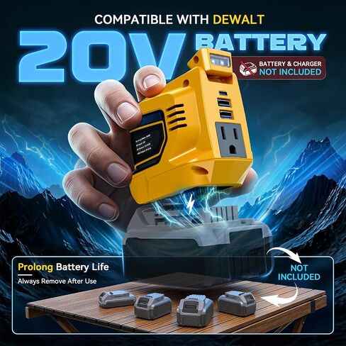Ecarke 220W Portable Power Inverter Compatible with DeWALT 20V Battery (Tool Only), DC 20V to AC 110V Power Station with 1 AC Outlet, 2 USB-A, 1 Type-C & LED Light for Camping Outdoor Emergency in Kuwait