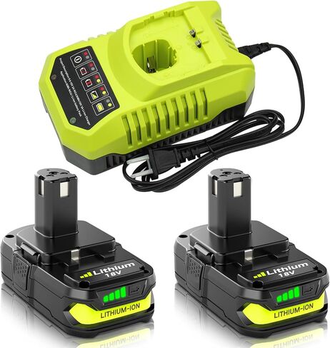 2-Pack 18V 4000mAh P108 Replacement for Ryobi 18V Battery and P117 Charger | Compatible with Ryobi 18 Volt Lithium Battery P102 P103 P104 P105 P107 P109 P108 P190 P122 Cordless Power Tools (Green) in Kuwait