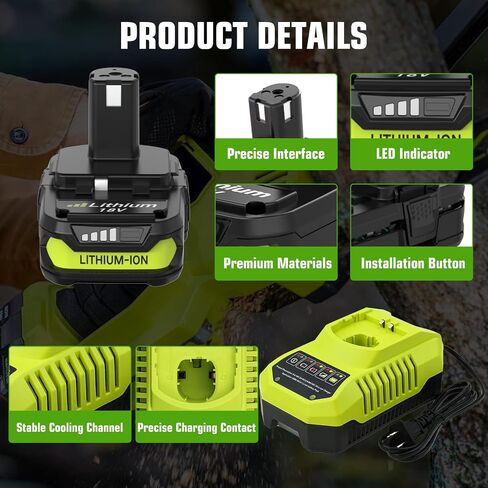 2-Pack 18V 4000mAh P108 Replacement for Ryobi 18V Battery and P117 Charger | Compatible with Ryobi 18 Volt Lithium Battery P102 P103 P104 P105 P107 P109 P108 P190 P122 Cordless Power Tools (Green) in Kuwait