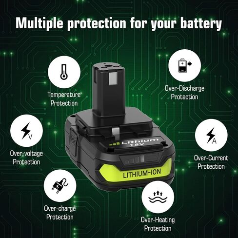 2-Pack 18V 4000mAh P108 Replacement for Ryobi 18V Battery and P117 Charger | Compatible with Ryobi 18 Volt Lithium Battery P102 P103 P104 P105 P107 P109 P108 P190 P122 Cordless Power Tools (Green) in Kuwait