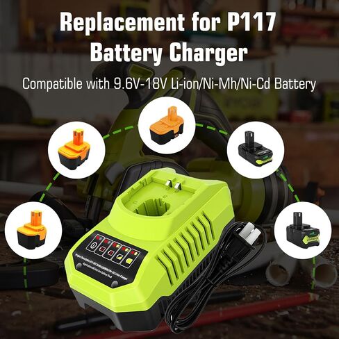 2-Pack 18V 4000mAh P108 Replacement for Ryobi 18V Battery and P117 Charger | Compatible with Ryobi 18 Volt Lithium Battery P102 P103 P104 P105 P107 P109 P108 P190 P122 Cordless Power Tools (Green) in Kuwait