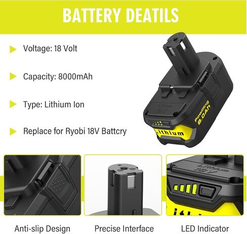 Powilling Upgraded 8.0Ah 2Packs P108 Replacement for Ryobi 18V Battery, 18 Volt Batteries for Ryobi One 18V Cordless Tools P108 P107 P105 P104 P103 P102 in Kuwait