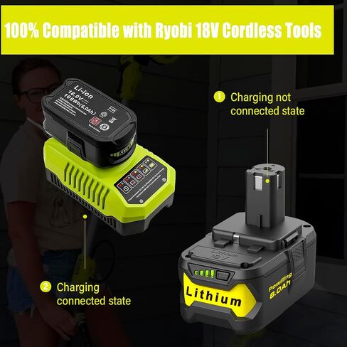 Powilling Upgraded 8.0Ah 2Packs P108 Replacement for Ryobi 18V Battery, 18 Volt Batteries for Ryobi One 18V Cordless Tools P108 P107 P105 P104 P103 P102 in Kuwait