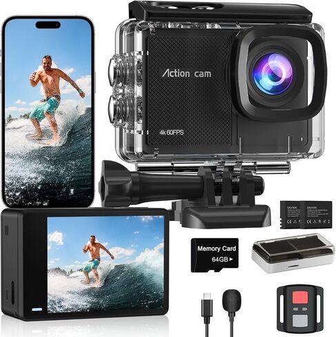 4K 60FPS Action Camera with 64GB Card-48MP Waterproof Camera,40M Underwater Camera,8X Zoom,EIS Stabilization,WiFi,Remote Control,MotorcycleCamera with 2 Rechargeable Batteries in Kuwait