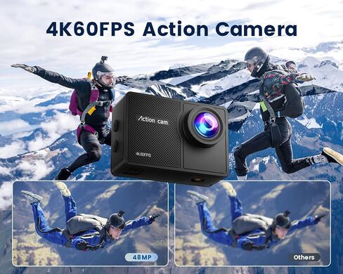 4K 60FPS Action Camera with 64GB Card-48MP Waterproof Camera,40M Underwater Camera,8X Zoom,EIS Stabilization,WiFi,Remote Control,MotorcycleCamera with 2 Rechargeable Batteries in Kuwait