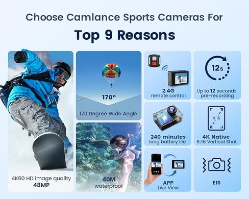 4K 60FPS Action Camera with 64GB Card-48MP Waterproof Camera,40M Underwater Camera,8X Zoom,EIS Stabilization,WiFi,Remote Control,MotorcycleCamera with 2 Rechargeable Batteries in Kuwait