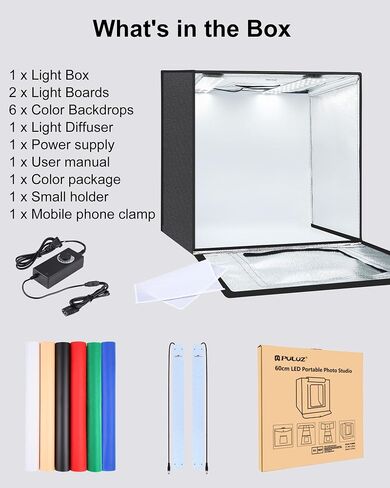 PULUZ Light Box Photography, 24x24 inch Large Photo Light Box with 136 LED Beads, CRI >95, Professional Portable Photo Booth Shooting Tent Kit with 6 Color Backdrops for Product Photography in Kuwait