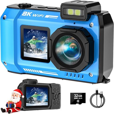 UHD 8K Underwater Camera, 70MP 33FT WiFi Waterproof Digital Camera with 32GB Card, Auto Focus Waterproof Dual-Screen Selfie 2500mAh Battery, 18X Floatable Digital for Snorkeling, Blue in Kuwait