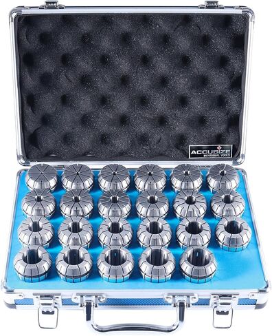 Accusize Industrial Tools 23 Pc Er40 Collet Set, Size from 1/8'' to 1'' in Fitted Strong Box, 0223-0935 | Alloy Spring Steel HRC 44-48, 0.0005 in Runout, 16-Jaw Double-Angle Design, Fitted Aluminum Case in Kuwait