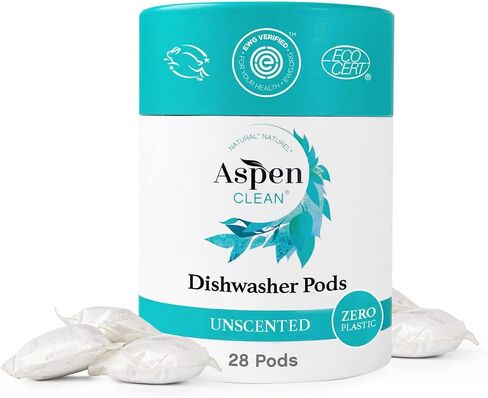 AspenClean | Unscented Dishwasher Pods | Cuts Grease and Grime | Zero Plastic | Non - Toxic | 100% Natural Dishwasher Detergent | EWG Verified - 28 Count in Kuwait
