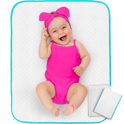 Baby Diaper Changing Mat - 31,5 x 25,5 inch Waterproof Portable Travel Changing Pad - Wipable Liners for Newborn Todlers Kids - Foldable Large Baby Nappy Changer Mat White w/Turquoise Changing mat in Kuwait