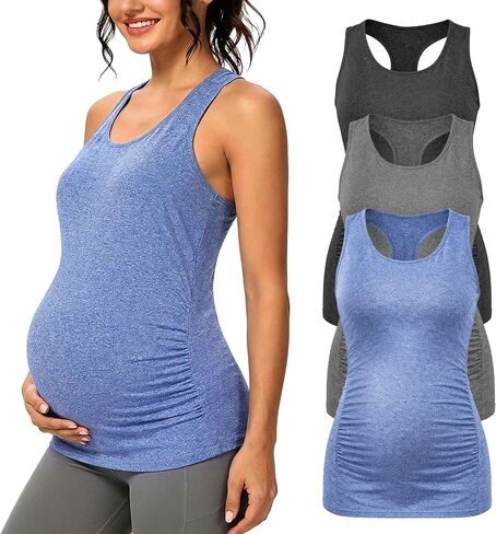 Ecavus 3PCS Women's Maternity Tank Tops Racerback Workout Maternity Clothes | Seamless,Athletic Yoga Casual Shirts,Ruched Sides Design,Pregnancy T-Shirt in Saudi Arabia