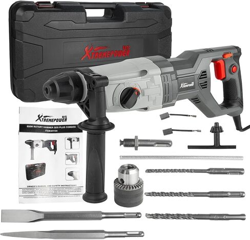 XtremepowerUS 1200W Electric Rotary Hammer SDS Plus Drill Swivel Adjustable Handle Drilling With Flat Chisels, Point Chisels and 3 Drill Bits Carrying Case in Kuwait