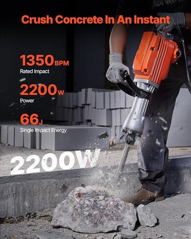 VEVOR Demolition Jack Hammer, MAX 2200W Electric Jackhammer Heavy Duty, 1350 BPM Concrete Breaker 6pcs Chisels Bit Chipping W/Case | 1350 BPM Concrete Breaker, 6pcs Chisels Bit Chipping, With Case in Kuwait