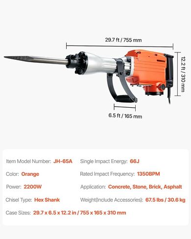VEVOR Demolition Jack Hammer, MAX 2200W Electric Jackhammer Heavy Duty, 1350 BPM Concrete Breaker 6pcs Chisels Bit Chipping W/Case | 1350 BPM Concrete Breaker, 6pcs Chisels Bit Chipping, With Case in Kuwait