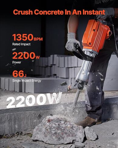 VEVOR Demolition Jack Hammer, MAX 2200W Electric Jackhammer Heavy Duty, 1350 BPM Concrete Breaker 2pcs Chisels Bit Chipping W/Case in Kuwait