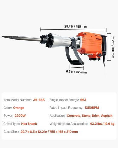 VEVOR Demolition Jack Hammer, MAX 2200W Electric Jackhammer Heavy Duty, 1350 BPM Concrete Breaker 2pcs Chisels Bit Chipping W/Case in Kuwait