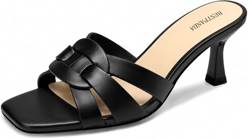 Kitten Heels for Women Square Toe Slip On Mules Heeled Sandals | 2.36 inch low block heel with comfort foam. Faux leather crisscross straps for office, parties, weddings, and summer events. in Kuwait