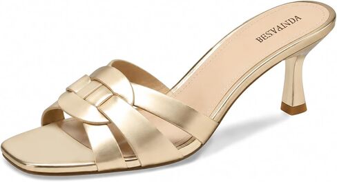 Kitten Heels for Women Square Toe Slip On Mules Heeled Sandals | 2.36 inch low block heel with comfort foam. Faux leather crisscross straps for office, parties, weddings, and summer events. in Kuwait