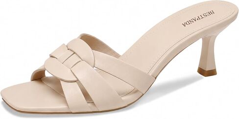 Kitten Heels for Women Square Toe Slip On Mules Heeled Sandals | 2.36 inch low block heel with comfort foam. Faux leather crisscross straps for office, parties, weddings, and summer events. in Kuwait