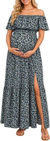 Talisea Maternity Off Shoulder Ruffle Maxi Dress Pregnancy Baby Shower | Soft breathable maternity dress with ruffle design for photoshoot, baby shower and special occasions. in Kuwait
