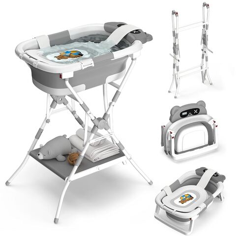 Baby Bathtub with Stand, Foldable Metal Standing Baby Bath Tub, 3-in-1 Anti-Slip Collapsible Tub with Cushion Storage Pad, Elevated Design for Newborn Toddler, Gray in Kuwait