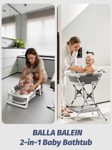 Baby Bathtub with Stand, Foldable Metal Standing Baby Bath Tub, 3-in-1 Anti-Slip Collapsible Tub with Cushion Storage Pad, Elevated Design for Newborn Toddler, Gray in Kuwait