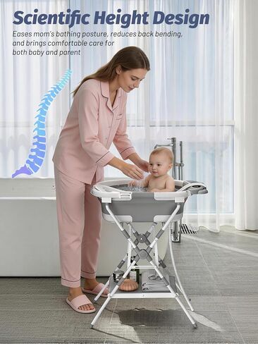 Baby Bathtub with Stand, Foldable Metal Standing Baby Bath Tub, 3-in-1 Anti-Slip Collapsible Tub with Cushion Storage Pad, Elevated Design for Newborn Toddler, Gray in Kuwait