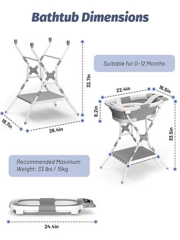 Baby Bathtub with Stand, Foldable Metal Standing Baby Bath Tub, 3-in-1 Anti-Slip Collapsible Tub with Cushion Storage Pad, Elevated Design for Newborn Toddler, Gray in Kuwait
