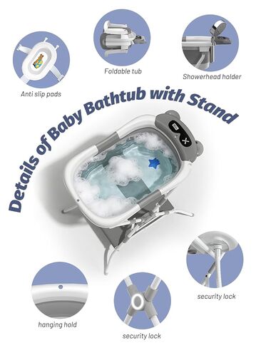 Baby Bathtub with Stand, Foldable Metal Standing Baby Bath Tub, 3-in-1 Anti-Slip Collapsible Tub with Cushion Storage Pad, Elevated Design for Newborn Toddler, Gray in Kuwait