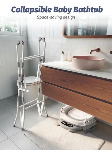 Baby Bathtub with Stand, Foldable Metal Standing Baby Bath Tub, 3-in-1 Anti-Slip Collapsible Tub with Cushion Storage Pad, Elevated Design for Newborn Toddler, Gray in Kuwait