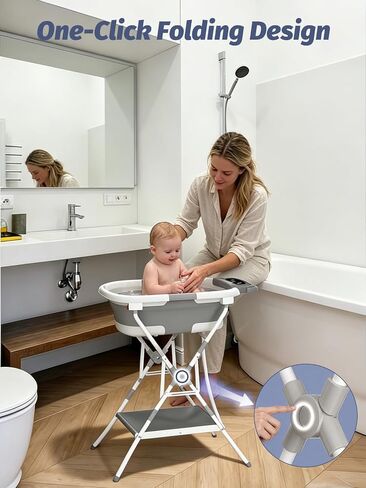 Baby Bathtub with Stand, Foldable Metal Standing Baby Bath Tub, 3-in-1 Anti-Slip Collapsible Tub with Cushion Storage Pad, Elevated Design for Newborn Toddler, Gray in Kuwait