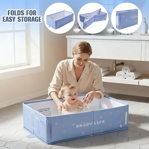 Foldable Baby Bathtub for 0-5 Years, Large and Portable, Dusty Blue | Folds flat in seconds for compact storage; smooth soft-sided interior; wide stable base designed for daily home use in Kuwait
