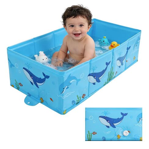 AirSwim Collapsible Baby Bathtub, Portable Baby Bath Tub for 6M-4Y, Blue | Foldable Bathtub for Infant Toddler, Toddler Bathtub for Small Bathroom, Travel Essentials, Drains Quickly, Cleans Easily in Kuwait