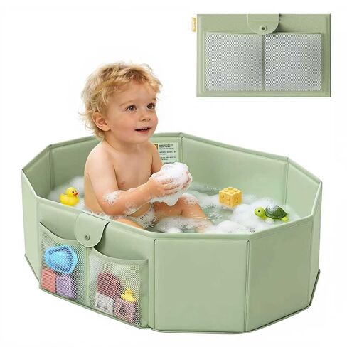 UNCLE WU Foldable Baby Bathtub for Toddlers, Portable Collapsible Bath Tub | Folds flat to store, converts shower to tub for kids 12 months to 5 years. Non slip base, fast drain, fits small spaces in Kuwait