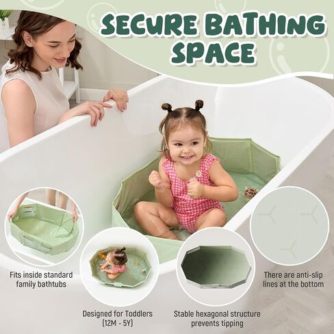 UNCLE WU Foldable Baby Bathtub for Toddlers, Portable Collapsible Bath Tub | Folds flat to store, converts shower to tub for kids 12 months to 5 years. Non slip base, fast drain, fits small spaces in Kuwait