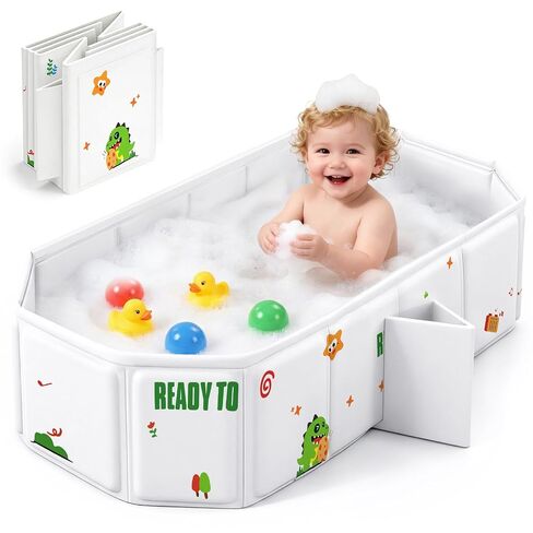 Collapsible Baby Bathtub with Drain Plug, Portable Foldable Toddler Bath Tub for Shower, Space Saving Travel Baby Tub for Infant Toddler Kids in Kuwait