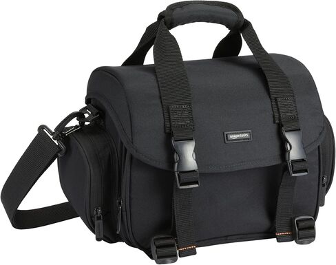 Amazon Basics Large DSLR Gadget Bag with Multiple Compartments, Pockets, Shoulder Strap, Black with Orange Interior in Kuwait