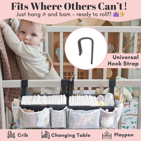 2-Pack Hanging Diaper Organizer for Crib, Playpen, Bassinet | Hold 50+ Diapers, Baby Diaper Caddy for Changing Table, Washable Newborn Essentials Organizer with Hook Straps, Ideal Baby Shower Gifts in Kuwait