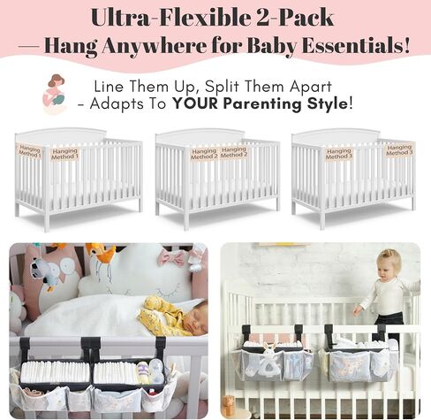 2-Pack Hanging Diaper Organizer for Crib, Playpen, Bassinet | Hold 50+ Diapers, Baby Diaper Caddy for Changing Table, Washable Newborn Essentials Organizer with Hook Straps, Ideal Baby Shower Gifts in Kuwait