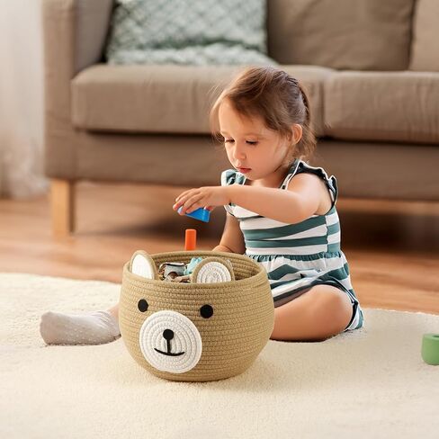 PandaEar Cotton Rope Baby Basket, Baby Gift Basket Nursery Laundry Organizer with Cute Bear Design for Storage Infant Newborn Essentials, Diaper Caddy with Handle (Brown) in Saudi Arabia
