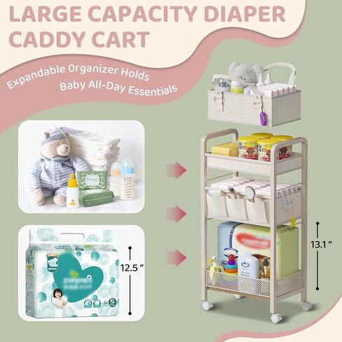 Baby Diaper Caddy Organizer and Storage,2In1 Baby Cart Organizer-Baby Diaper Caddy+3 Tier Rolling Cart for Baby Nursery,Baby Bedside Cart,Easy Assembly,Beige in Kuwait