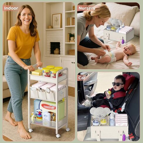 Baby Diaper Caddy Organizer and Storage,2In1 Baby Cart Organizer-Baby Diaper Caddy+3 Tier Rolling Cart for Baby Nursery,Baby Bedside Cart,Easy Assembly,Beige in Kuwait