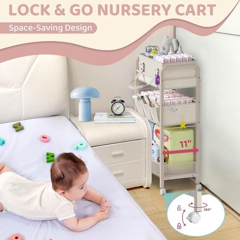 Baby Diaper Caddy Organizer and Storage,2In1 Baby Cart Organizer-Baby Diaper Caddy+3 Tier Rolling Cart for Baby Nursery,Baby Bedside Cart,Easy Assembly,Beige in Kuwait