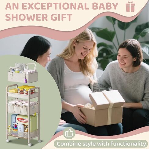 Baby Diaper Caddy Organizer and Storage,2In1 Baby Cart Organizer-Baby Diaper Caddy+3 Tier Rolling Cart for Baby Nursery,Baby Bedside Cart,Easy Assembly,Beige in Kuwait